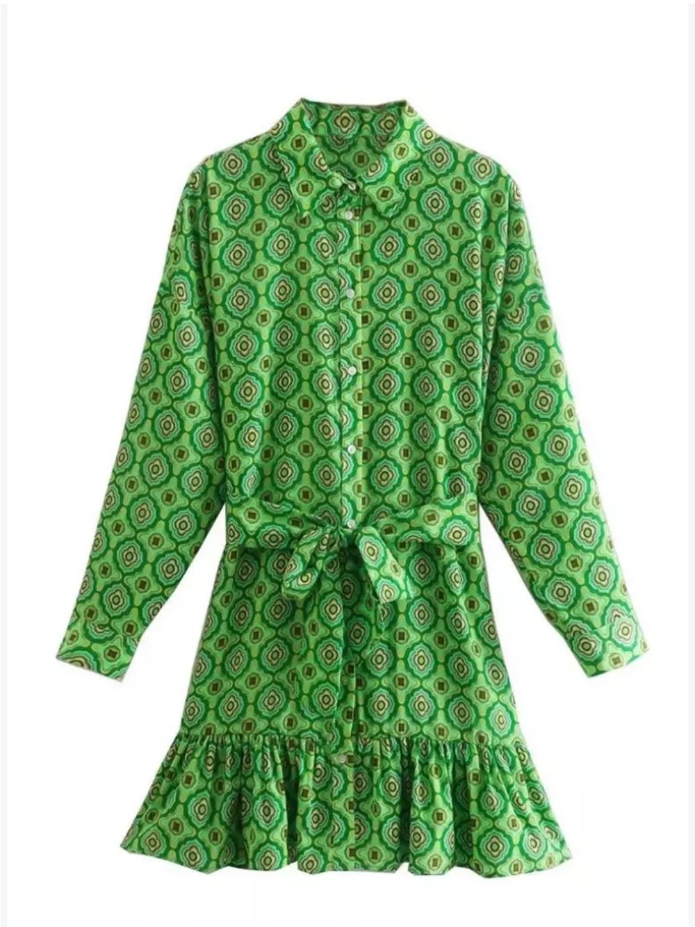Zara Green Geometric Button-Front Tie-Waist Dress